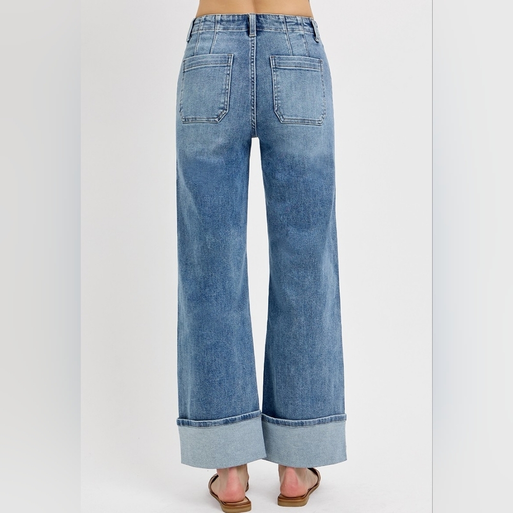 Risen HR Medium Wash Button Fly Patch Pocket Cuffed Wide Leg Jeans Various NEW - Picture 4 of 6